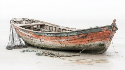 Fototapeta premium Abandoned Boat on Foggy Shoreline at Dawn
