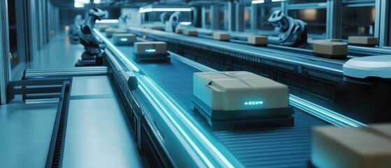 A futuristic conveyor belt system efficiently transports packages in a high-tech logistics facility.