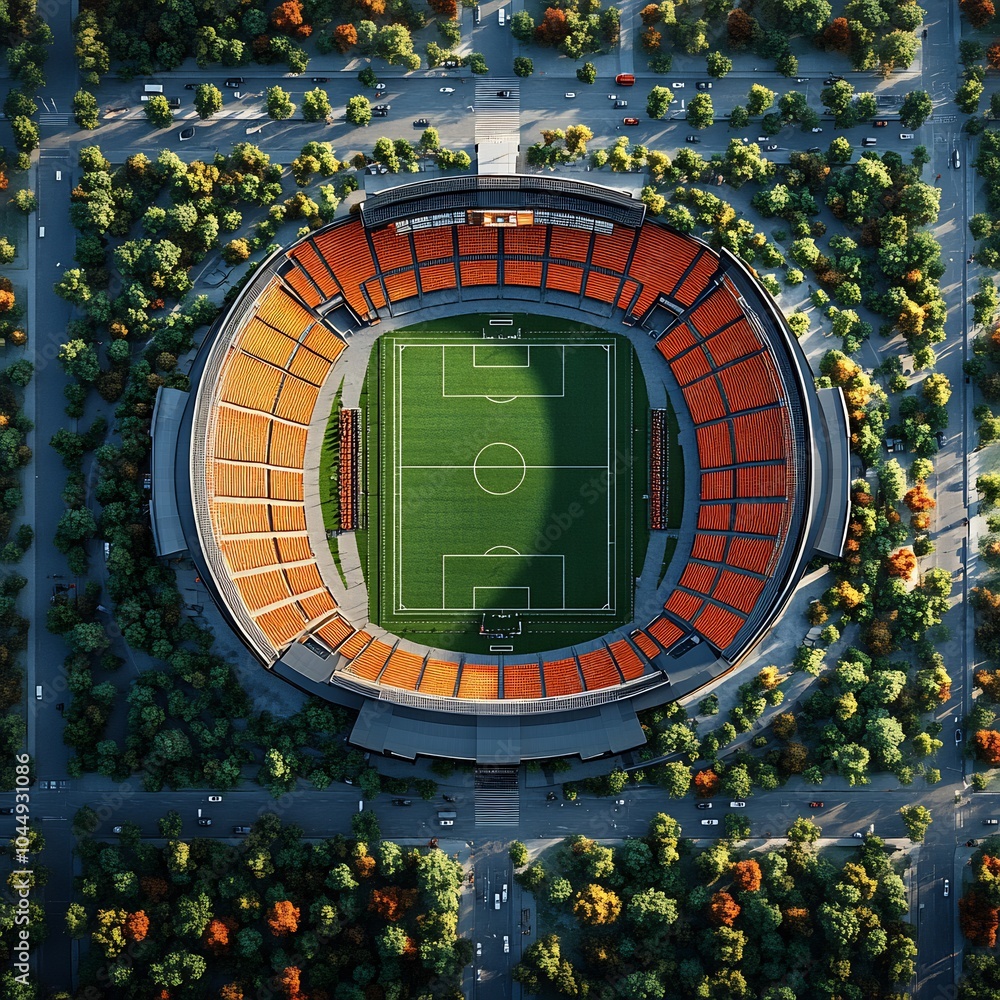 Poster topdown 3d view of outdoor sports arena featuring a large openair field with adjacent seating areas 