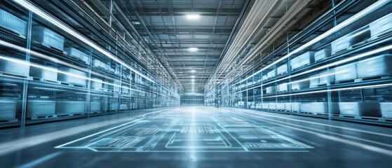 A sleek, high-tech warehouse interior featuring glowing digital lines and shelves lined with monitors, evoking a futuristic and automated environment.