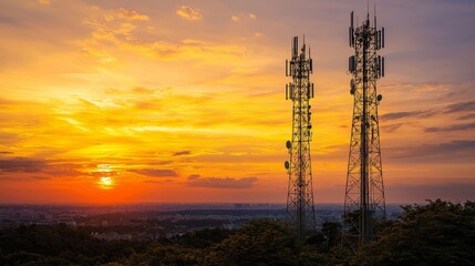 Telecommunication towers standing against a vivid sunset skyline