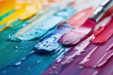 Fototapeta premium Vivid colors blend on canvas with a brush, showcasing an artistic palette for creativity and inspiration.