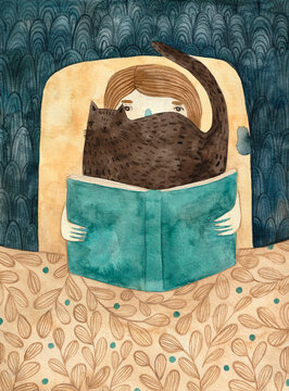 Girl trying to read a book in bed while cat is in front of her