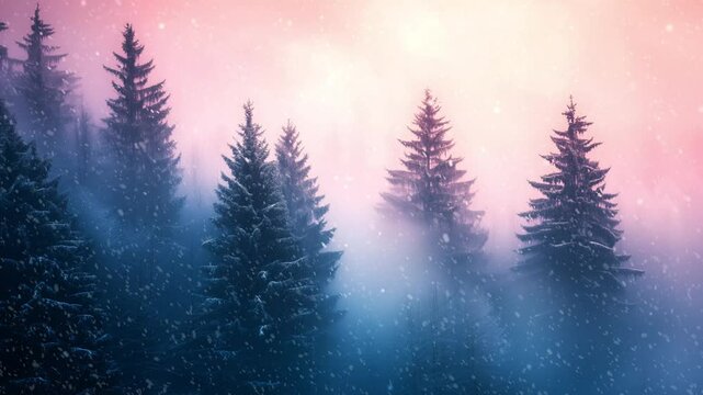 Enchanted Winter Forest Scene with Snowfall, Twilight Hues, and Silhouetted Pine Trees - A Magical Seasonal Background
