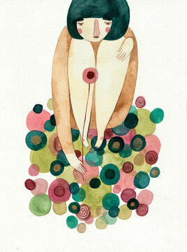 A girl picking a flower on a field of  plants