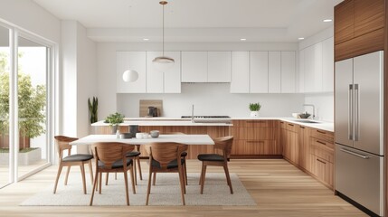 A modern kitchen with white and wood cabinets, a dining table and chairs. The clean, bright space shows off a contemporary style.
