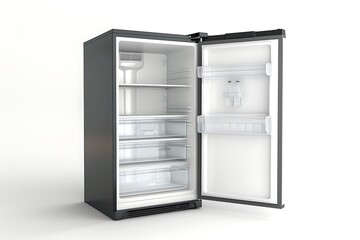 Empty refrigerator with opened door on white background