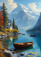 Obraz premium Landscape of Lake and Boat with nice color and dramatic style for wall art and print poster for decor 