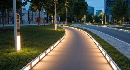 Fototapeta premium Bicycle lanes illuminated with solar powered lights background dedicated paths ensuring safe travel for cyclists enhancing urban mobility and safety