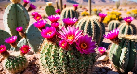 Obraz premium Cacti and succulents flowering in a sunny desert background unique desert plants showcasing vibrant blooms adding color to arid surroundings