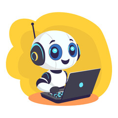 A friendly robot with a happy face, big sparkling eyes, works on a laptop