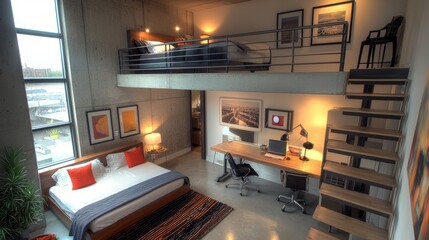 Stylish modern loft interior with a spacious living area and high ceilings