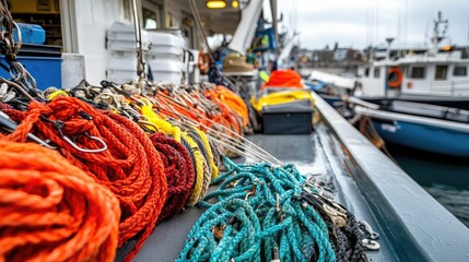 Colorful Ropes and Fishing Gear on Boat Deck