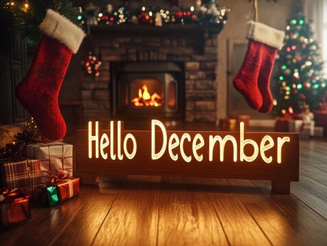 Cozy Indoor Christmas Setting with Fireplace and Decorations, Hello December Text Generative AI