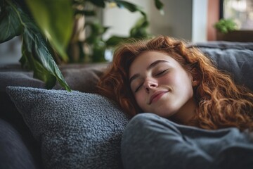 Breathe Fresh Air. Relaxed Young Woman Relaxing on Comfortable Couch at Home