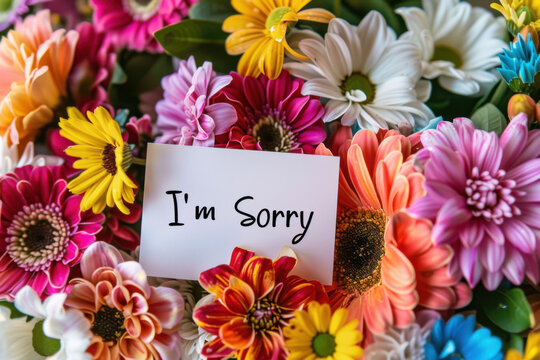 Bright bouquet of flowers with white card. Text on card "I'm sorry".