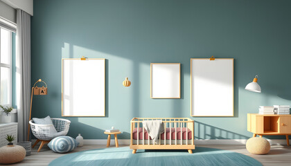 Stylish nursery interior with empty posters on wall. Mockup for design isolated with white highlights, png