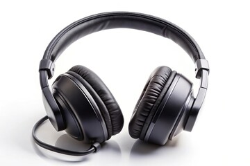Sleek black headphones on white background at tilted angle