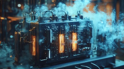 Advanced technology server with glowing circuits and cooling system