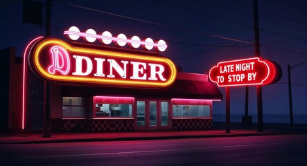 Naklejka premium Flickering neon diner sign on a lonely street background iconic diner glowing brightly in the darkness inviting late night visitors to stop by