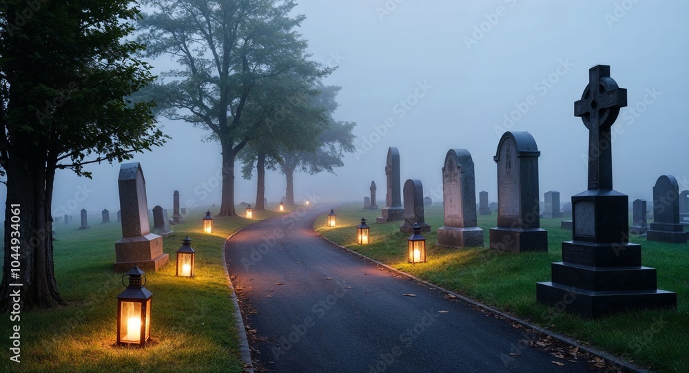 Poster foggy cemetery path lit by lanterns background dimly lit path winding through a graveyard guided by 