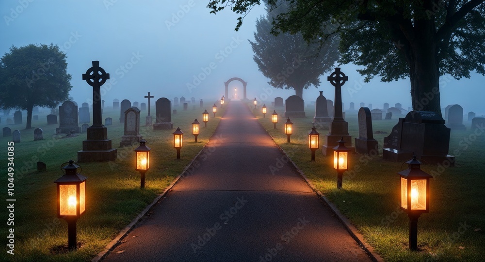 Poster foggy cemetery path lit by lanterns background dimly lit path winding through a graveyard guided by 