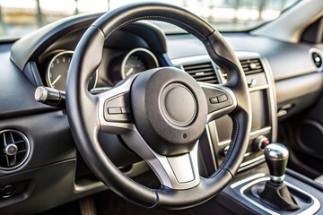 Sleek black leather steering wheel with silver gear shift paddle and chrome lever on white dashboard Extreme Close-Up