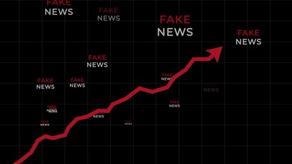 Increasing red arrow with Fake news typography on black background. Rising trend of disinformation on internet concept