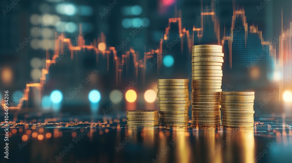 Poster stacked coins with financial graph in the background