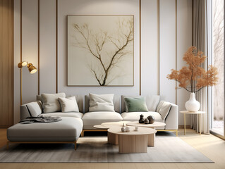 Living room interior in modern and classic styles with wooden panneling and bronze decor. Neutral and light colors interior with wooden wall panels.
