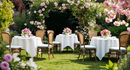 Garden tea party surrounded by blooming flowers background elegant setup featuring tables adorned with flowers inviting friends for delightful gatherings