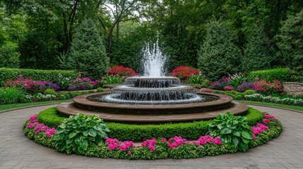 Obraz premium Beautiful Garden Fountain Surrounded by Colorful Flowers