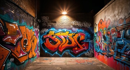 Fototapeta premium Graffiti covered walls under streetlight glow background vibrant urban artwork illuminated by soft light showcasing creativity in a hidden corner