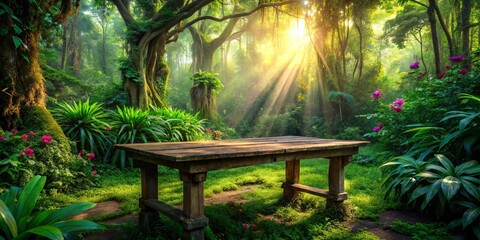A rustic wooden table stands alone in a lush green forest, bathed in the golden glow of morning sunlight, inviting contemplation and serenity.