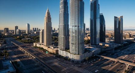 Fototapeta premium Modern skyscrapers towering over busy intersection background impressive buildings dominating the skyline casting shadows on the bustling crossroads below