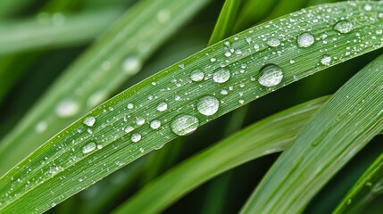 Close-up of vibrant green grass blades with clear water droplets, perfect focus on individual droplets, fresh grass water drops, crisp nature detail