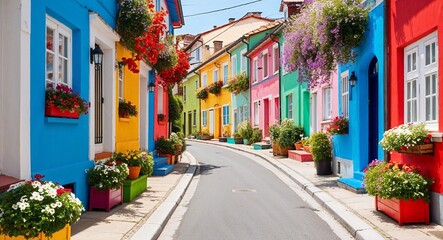 Fototapeta premium Narrow street with colorful houses and flower boxes background quaint neighborhood showcasing vibrant architecture adorned with blooming flowers