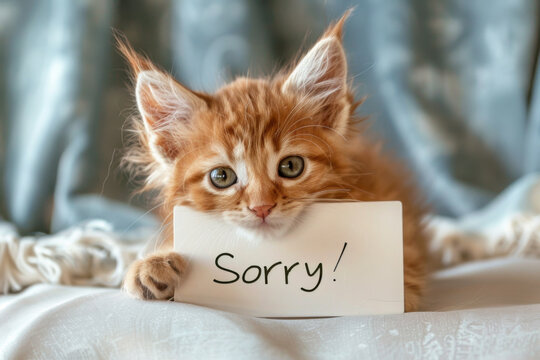 Cute orange kitty with a paper card. Text "Sorry!" written on a white card.