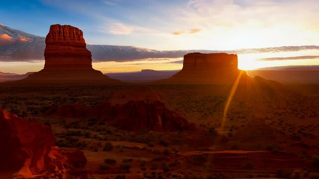 Establishing video of mesas at sunset with scattered clouds. Panning camera movement captures golden hour glow. Flat-topped formations cast long shadows