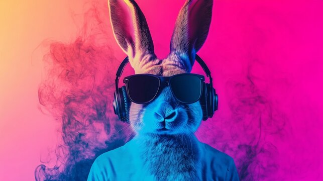 Cool neon party dj rabbit in headphones and sunglasses