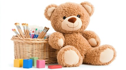 A delightful basket of colorful toys including a teddy bear, building blocks, and art supplies waiting for playful adventures