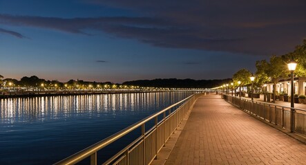 Fototapeta premium Serene waterfront promenade with lights reflecting in water background picturesque walkway illuminated by lights creating a beautiful view over the water
