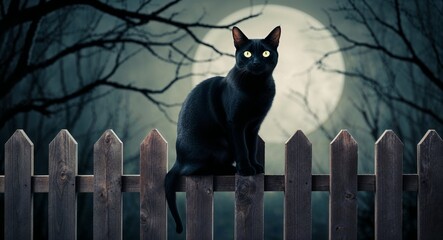 Spooky black cat sitting on a fence background mysterious black cat perched atop a wooden fence watching with glowing eyes