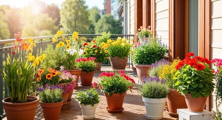 Fototapeta premium Sunny balcony filled with potted flowers background cheerful display of colorful plants and flowers creating an inviting outdoor space