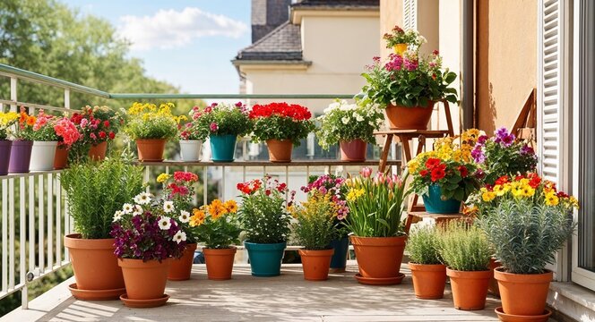 Sunny balcony filled with potted flowers background cheerful display of colorful plants and flowers creating an inviting outdoor space