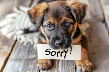Cute puppy with a paper card. Text "Sorry!" written on a white card.