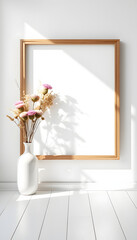 Wooden artwork frame mockup in white room with dry flowers decor isolated with white highlights, png