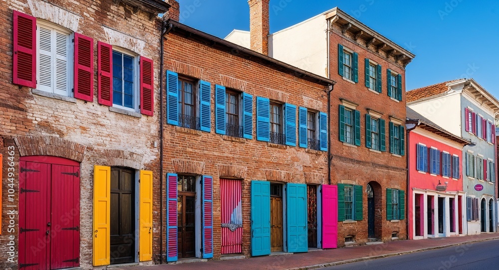 Poster weathered brick buildings with colorful shutters background charming historic structures adorned wit