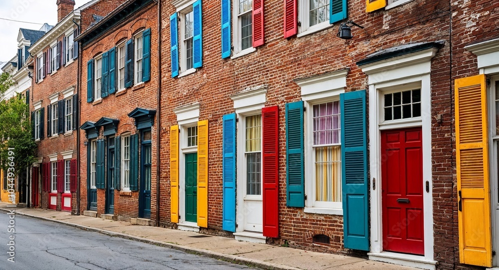 Poster weathered brick buildings with colorful shutters background charming historic structures adorned wit