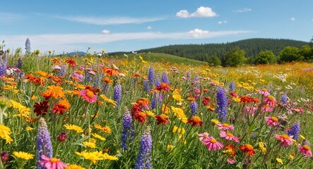 Vibrant wildflower meadow under a clear sky background colorful blooms swaying gently in the breeze creating a picturesque landscape of nature